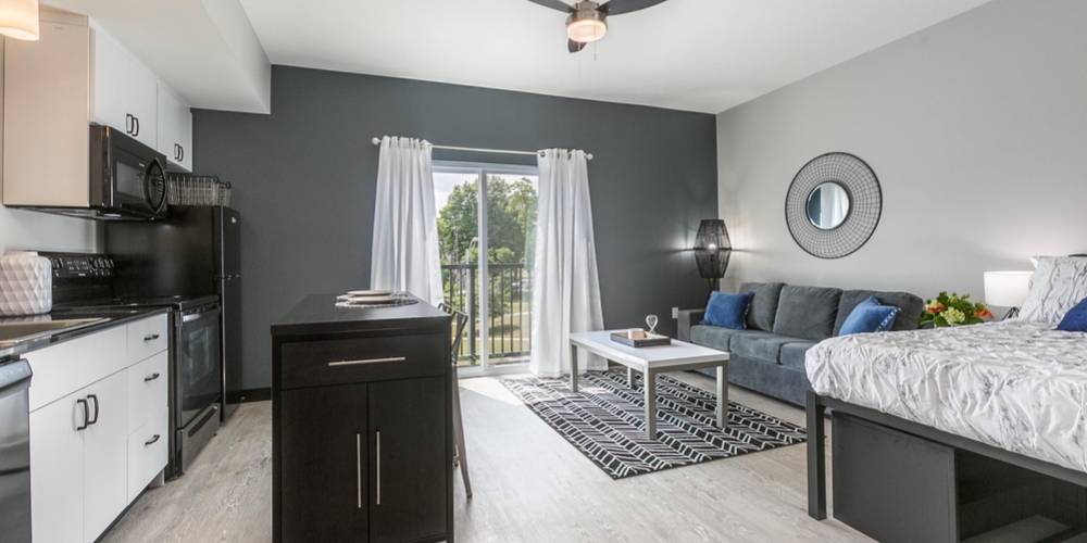 A panoramic view of a micro-efficiency studio apartment at Boomer Town Luxury Studios in Springfield, Mo.