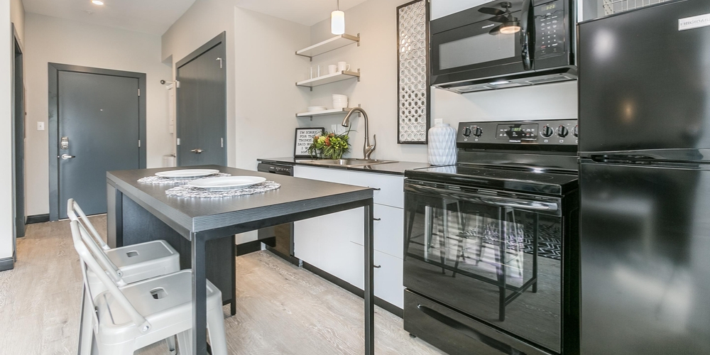 A view of a micro-efficiency kitchen in Boomer Town Luxury Studios